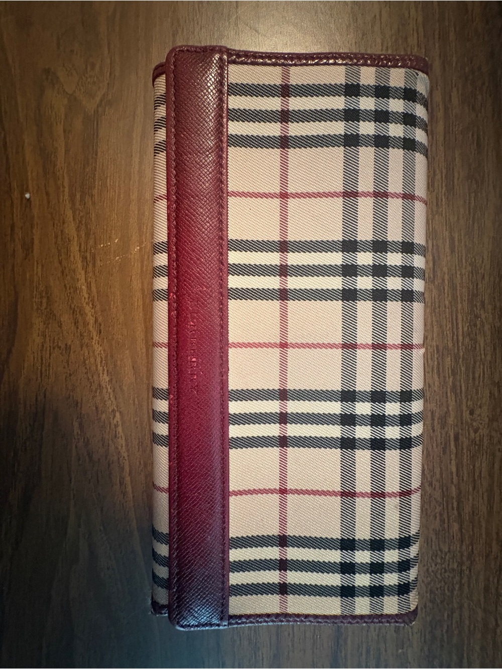 Burberry Beige Nova Check Card Holder with Burgundy Trim